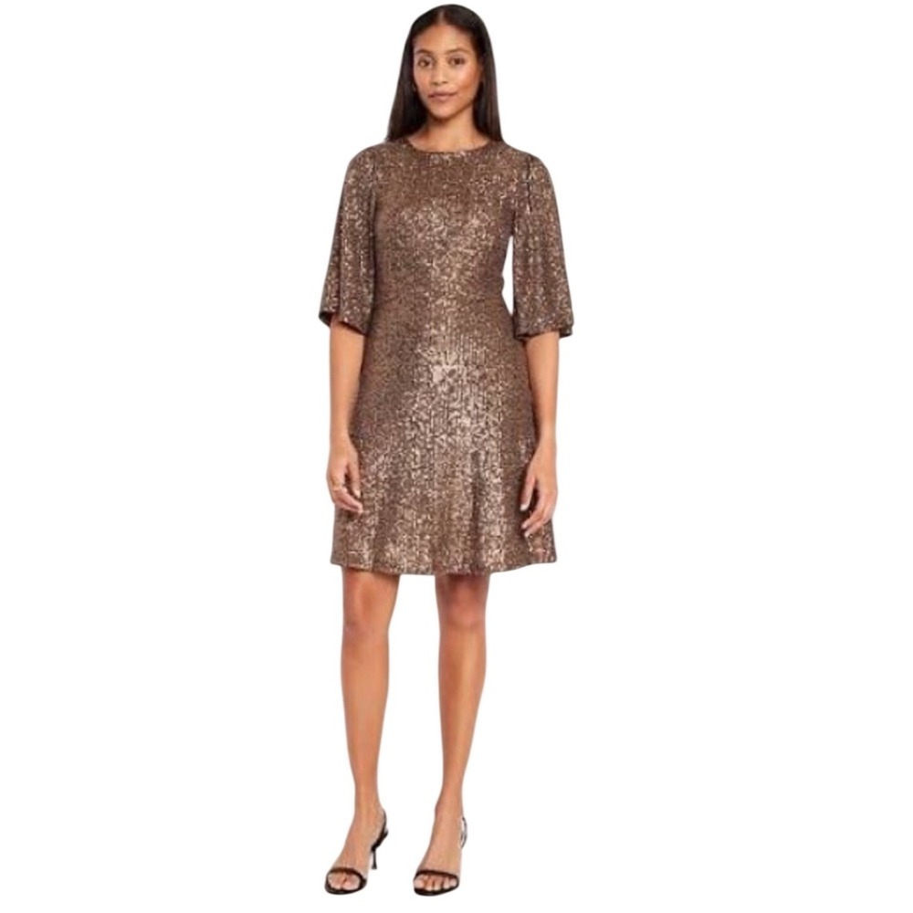 Old Navy Women Bronze Sequin Flutter Sleeve Open Back Mini Dress Large NEW